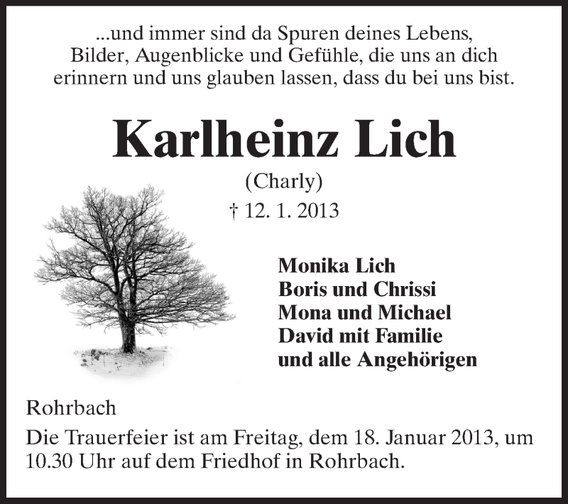  Traueranzeige für Karlheinz Lich vom 16.01.2013 aus Echo-Zeitungen (Gesamtausgabe)