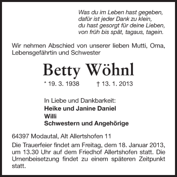Traueranzeige von Betty Wöhnl von Echo-Zeitungen (Gesamtausgabe)