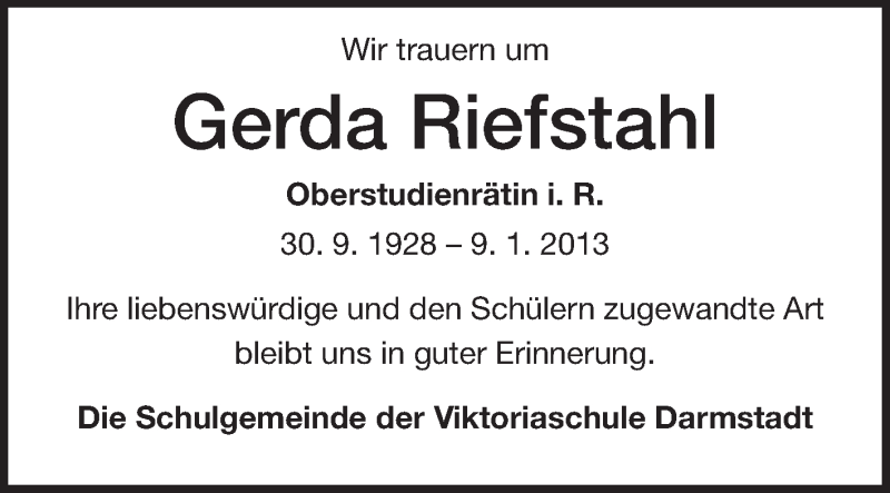  Traueranzeige für Gerda Riefstahl vom 16.01.2013 aus Echo-Zeitungen (Gesamtausgabe)