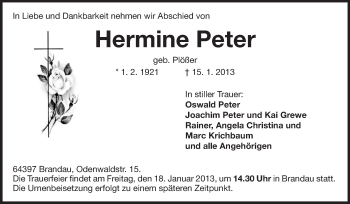 Traueranzeige von Hermine Peter von Echo-Zeitungen (Gesamtausgabe)