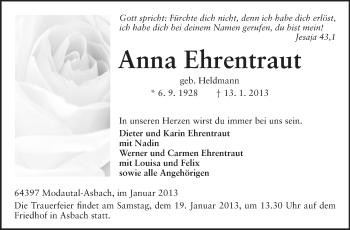 Traueranzeige von Anna Ehrentraut von Echo-Zeitungen (Gesamtausgabe)