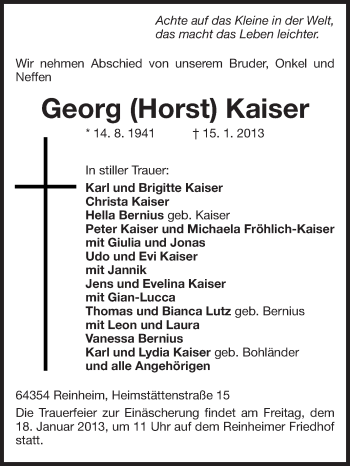 Traueranzeige von Georg Kaiser von Darmstädter Echo, Odenwälder Echo, Rüsselsheimer Echo, Groß-Gerauer-Echo, Ried Echo