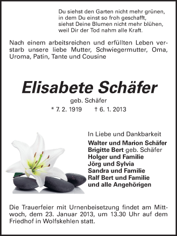 Traueranzeige von Elisabete Schäfer von Rüsselsheimer Echo, Groß-Gerauer-Echo, Ried Echo