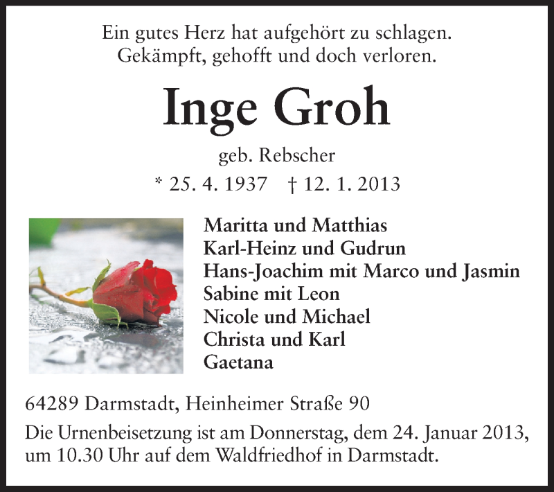  Traueranzeige für Inge Groh vom 19.01.2013 aus Echo-Zeitungen (Gesamtausgabe)