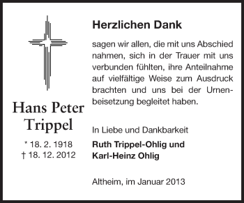 Traueranzeige von Hans Peter Trippel von Echo-Zeitungen (Gesamtausgabe)