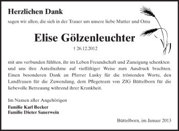 Traueranzeige von Elise Gölzenleuchter von Rüsselsheimer Echo, Groß-Gerauer-Echo, Ried Echo