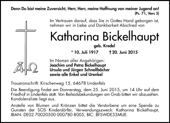 Traueranzeige von Katharina Bickelhaupt von Odenwälder Echo
