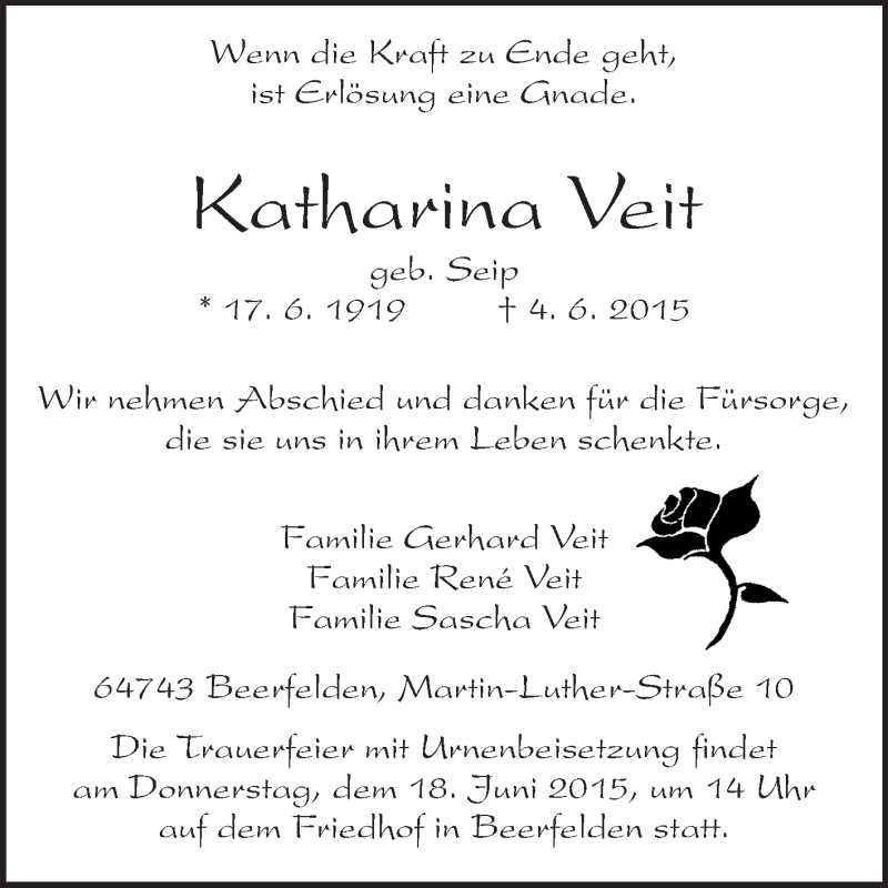 Traueranzeige für Katharina Veit vom 15.06.2015 aus Odenwälder Echo