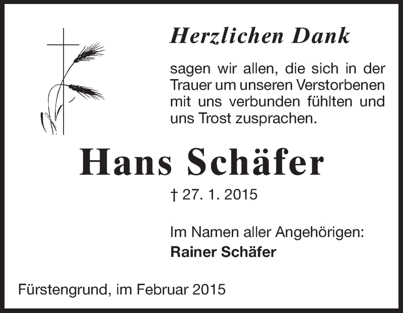  Traueranzeige für Hans Schäfer vom 28.02.2015 aus Odenwälder Echo