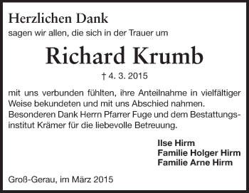 Traueranzeige von Richard Krumb von Rüsselsheimer Echo, Groß-Gerauer-Echo, Ried Echo