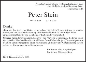 Traueranzeige von Peter Stein von Rüsselsheimer Echo, Groß-Gerauer-Echo, Ried Echo
