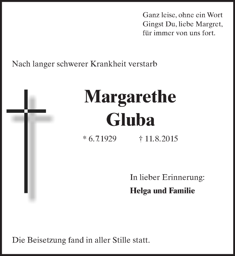  Traueranzeige für Margarethe Gluba vom 22.08.2015 aus trauer.echo-online.de