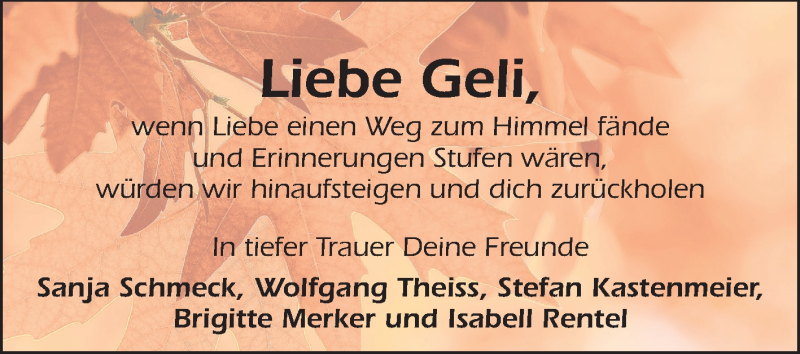  Traueranzeige für Geli  vom 28.02.2015 aus Echo-Zeitungen (Gesamtausgabe)