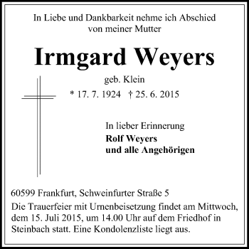 Traueranzeige von Irmgard Weyers von Odenwälder Echo