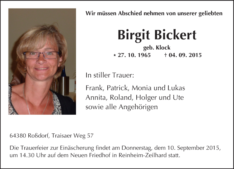  Traueranzeige für Birgit Bickert vom 08.09.2015 aus trauer.echo-online.de