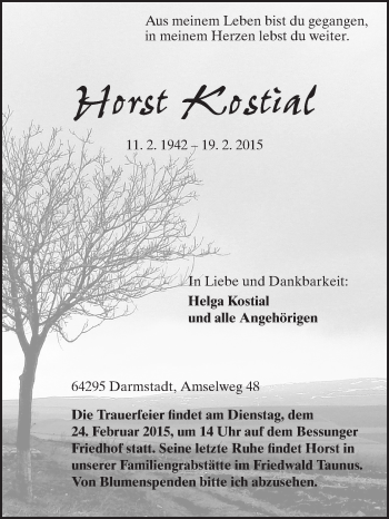 Traueranzeige von Horst Kostial von Echo-Zeitungen (Gesamtausgabe)