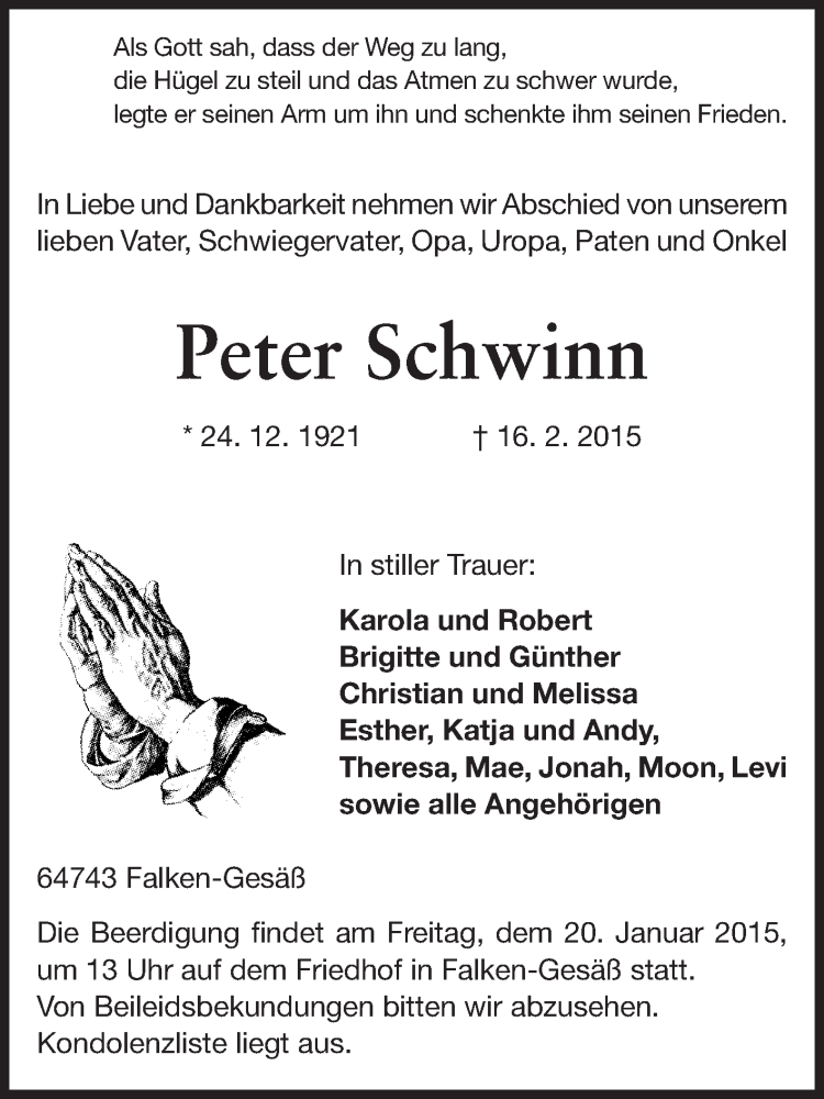  Traueranzeige für Peter Schwinn vom 18.02.2015 aus Odenwälder Echo