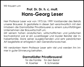 Traueranzeige von Hans-Georg Leser von Echo-Zeitungen (Gesamtausgabe)