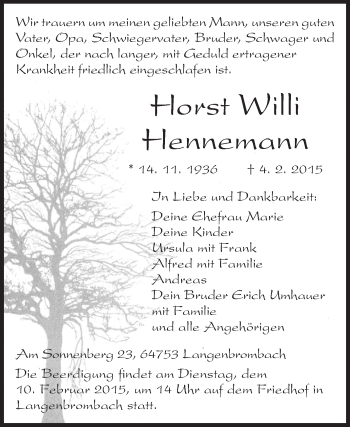 Traueranzeige von Horst Willi Hennemann von Odenwälder Echo