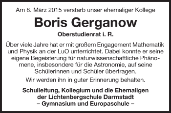 Traueranzeige von Boris Gerganow von Echo-Zeitungen (Gesamtausgabe)