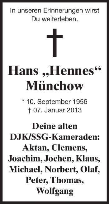 Traueranzeige von Hans Münchow von Echo-Zeitungen (Gesamtausgabe)