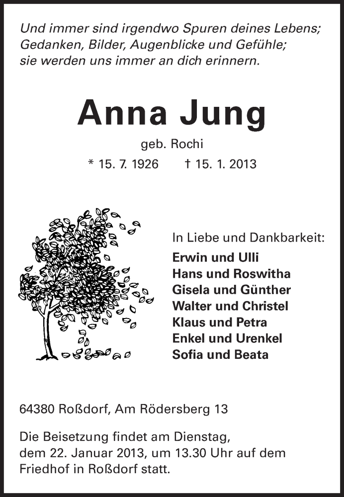  Traueranzeige für Anna Jung vom 19.01.2013 aus Echo-Zeitungen (Gesamtausgabe)