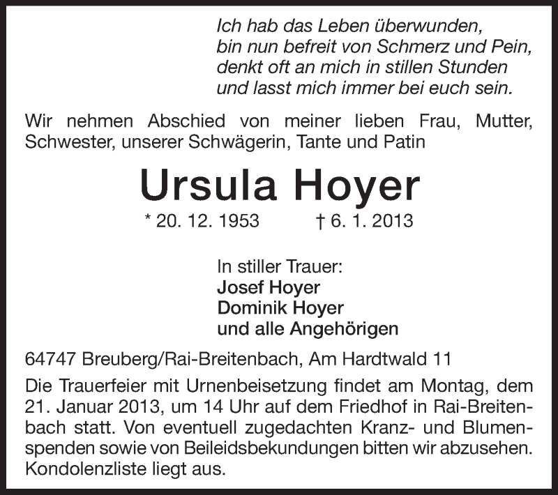  Traueranzeige für Ursula Hoyer vom 18.01.2013 aus Odenwälder Echo
