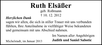 Traueranzeige von Ruth Elsäßer von Odenwälder Echo