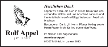 Traueranzeige von Rolf Appel von Echo-Zeitungen (Gesamtausgabe)