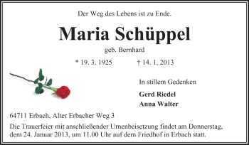 Traueranzeige von Maria Schüppel von Odenwälder Echo