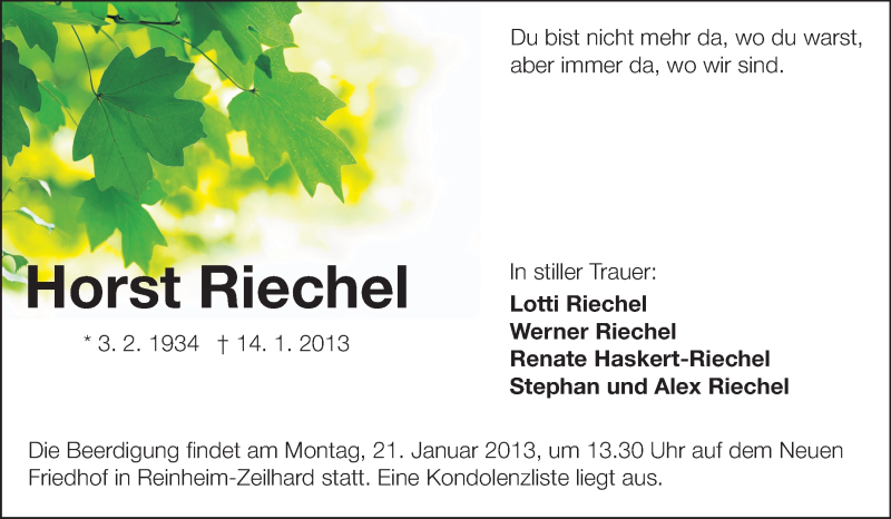  Traueranzeige für Horst Riechel vom 18.01.2013 aus Echo-Zeitungen (Gesamtausgabe)