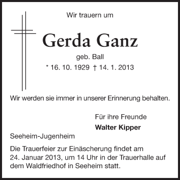 Traueranzeige von Gerda Ganz von Echo-Zeitungen (Gesamtausgabe)