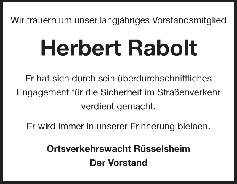  Traueranzeige für Herbert Rabolt vom 19.01.2013 aus Rüsselsheimer Echo, Groß-Gerauer-Echo, Ried Echo