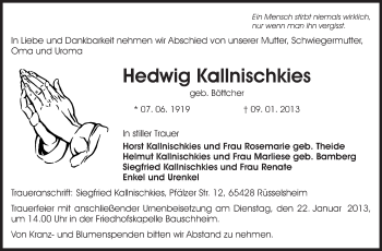Traueranzeige von Hedwig Kallnischkies von Rüsselsheimer Echo, Groß-Gerauer-Echo, Ried Echo