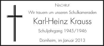 Traueranzeige von Karl-Heinz Krauss von Rüsselsheimer Echo, Groß-Gerauer-Echo, Ried Echo