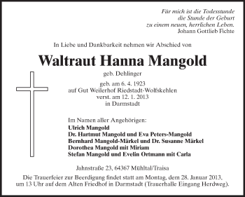 Traueranzeige von Waltraut Hanna Mangold von Echo-Zeitungen (Gesamtausgabe)