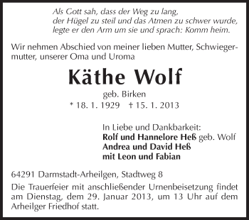 Traueranzeige von Käthe Wolf von Echo-Zeitungen (Gesamtausgabe)