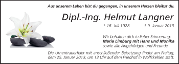 Traueranzeige von Helmut Langner von Echo-Zeitungen (Gesamtausgabe)