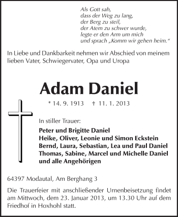 Traueranzeige von Adam Daniel von Echo-Zeitungen (Gesamtausgabe)