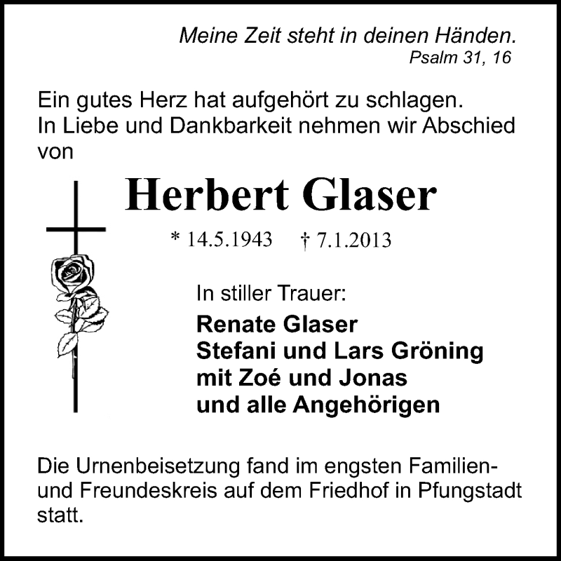 Traueranzeige für Herbert Glaser vom 19.01.2013 aus Echo-Zeitungen (Gesamtausgabe)