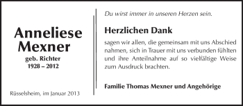 Traueranzeige von Anneliese Mexner von Rüsselsheimer Echo, Groß-Gerauer-Echo, Ried Echo