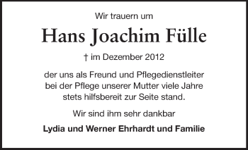 Traueranzeige von Hans Joachim Fülle von Echo-Zeitungen (Gesamtausgabe)