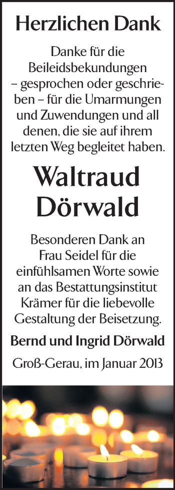 Traueranzeige von Waltraud Dörwald von Rüsselsheimer Echo, Groß-Gerauer-Echo, Ried Echo