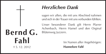 Traueranzeige von Bernd G. Fahl von Echo-Zeitungen (Gesamtausgabe)