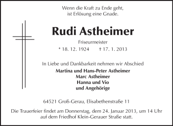 Traueranzeige von Rudi Astheimer von Rüsselsheimer Echo, Groß-Gerauer-Echo, Ried Echo