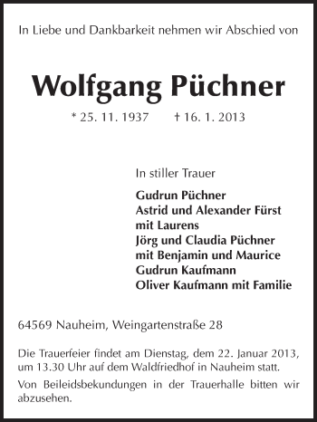 Traueranzeige von Wolfgang Püchner von Echo-Zeitungen (Gesamtausgabe)
