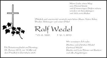 Traueranzeige von Ralf Wedel von Rüsselsheimer Echo, Groß-Gerauer-Echo, Ried Echo