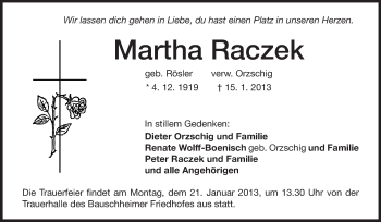 Traueranzeige von Martha Raczek von Rüsselsheimer Echo, Groß-Gerauer-Echo, Ried Echo