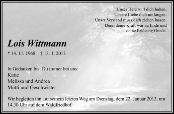 Traueranzeige von Lois Wittmann von Odenwälder Echo