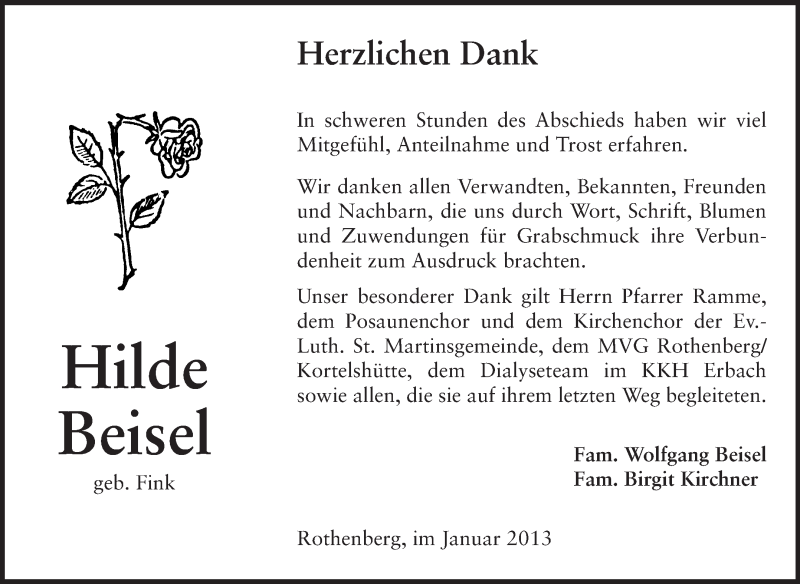  Traueranzeige für Hilde Beisel vom 19.01.2013 aus Odenwälder Echo